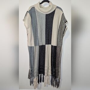 Striped Knit Tunic Sweater with Fringed Hem Women's One Size Fits Most
